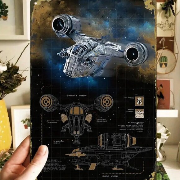 Star Wars Mandalorian Mando's Razor Crest Ship Blueprint Metal Art Sign 8x12" - Picture 1 of 5